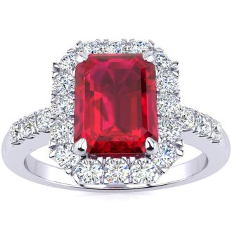 2 3/4 Carat Ruby and Halo Diamond Ring In 14 Karat White Gold
