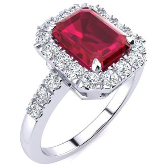 2 3/4 Carat Ruby and Halo Diamond Ring In 14 Karat White Gold