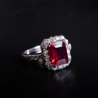 2 3/4 Carat Ruby and Halo Diamond Ring In 14 Karat White Gold