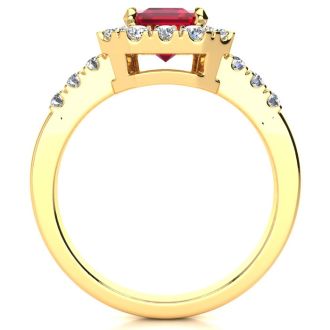 2 3/4 Carat Ruby and Halo Diamond Ring In 14 Karat Yellow Gold