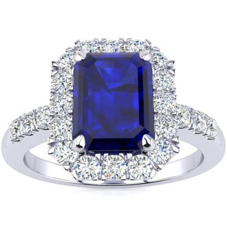2 3/4 Carat Sapphire and Halo Diamond Ring In 14 Karat White Gold