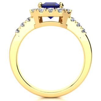 2 3/4 Carat Sapphire and Halo Diamond Ring In 14 Karat Yellow Gold