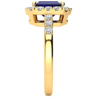 2 3/4 Carat Sapphire and Halo Diamond Ring In 14 Karat Yellow Gold
