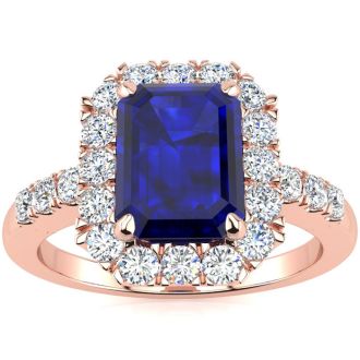 2 3/4 Carat Sapphire and Halo Diamond Ring In 14 Karat Rose Gold