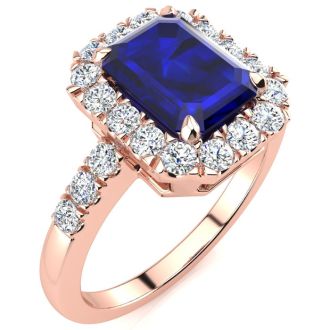 2 3/4 Carat Sapphire and Halo Diamond Ring In 14 Karat Rose Gold