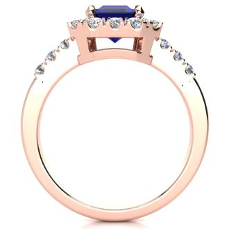 2 3/4 Carat Sapphire and Halo Diamond Ring In 14 Karat Rose Gold