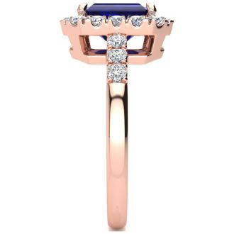 2 3/4 Carat Sapphire and Halo Diamond Ring In 14 Karat Rose Gold