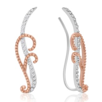 Nearly 1/4 Carat Diamond Filigree Ear Climbers In Rose Gold and Sterling Silver

