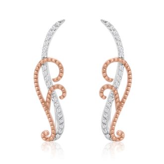 Nearly 1/4 Carat Diamond Filigree Ear Climbers In Rose Gold and Sterling Silver

