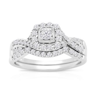 1/2 Carat Halo Diamond Bridal Set in 14 Karat White Gold