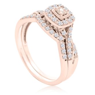 1/2 Carat Halo Diamond Bridal Set in 14k Rose Gold
