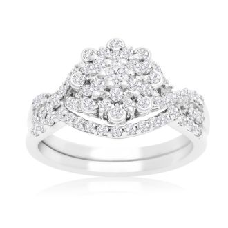 3/4 Carat Floral Halo Diamond Bridal Set in 14 Karat White Gold