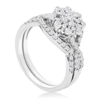 3/4 Carat Floral Halo Diamond Bridal Set in 14 Karat White Gold