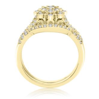 3/4 Carat Floral Halo Diamond Bridal Set in 14 Karat Yellow Gold
