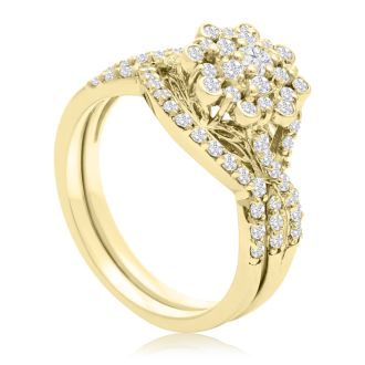 3/4 Carat Floral Halo Diamond Bridal Set in 14 Karat Yellow Gold
