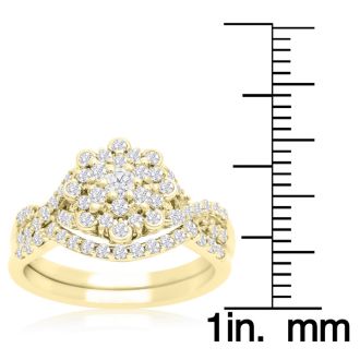 3/4 Carat Floral Halo Diamond Bridal Set in 14 Karat Yellow Gold
