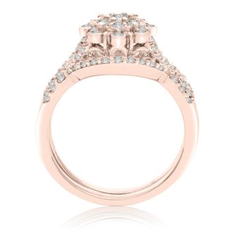 3/4 Carat Floral Halo Diamond Bridal Set in 14 Karat Rose Gold
