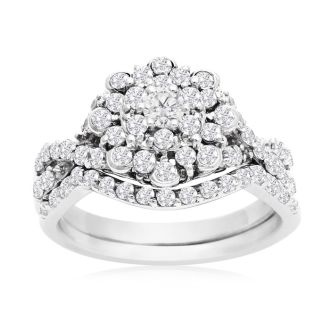 1 Carat Floral Halo Diamond Bridal Set in 14 Karat White Gold

