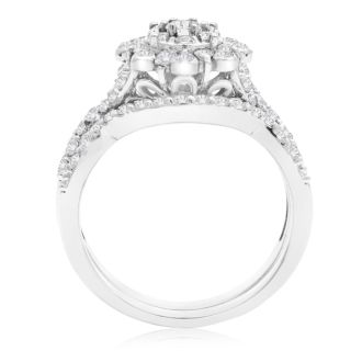 1 Carat Floral Halo Diamond Bridal Set in 14 Karat White Gold

