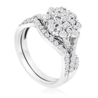 1 Carat Floral Halo Diamond Bridal Set in 14 Karat White Gold

