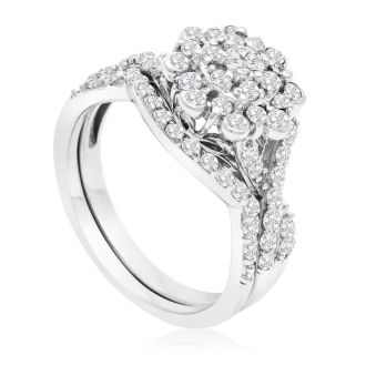1 Carat Floral Halo Diamond Bridal Set in 14 Karat White Gold

