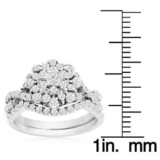 1 Carat Floral Halo Diamond Bridal Set in 14 Karat White Gold

