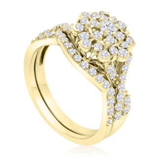 1 Carat Floral Halo Diamond Bridal Set in 14 Karat Yellow Gold

