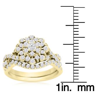 1 Carat Floral Halo Diamond Bridal Set in 14 Karat Yellow Gold

