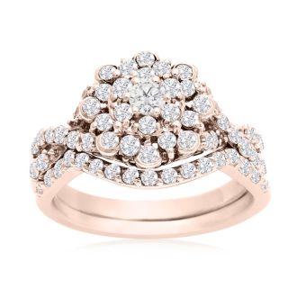 1 Carat Floral Halo Diamond Bridal Set in 14k Rose Gold

