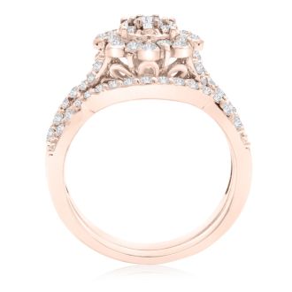 1 Carat Floral Halo Diamond Bridal Set in 14k Rose Gold

