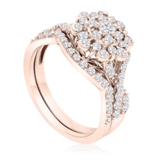 1 Carat Floral Halo Diamond Bridal Set in 14k Rose Gold

