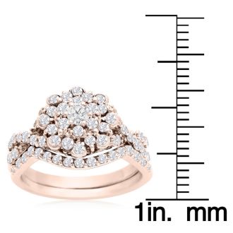 1 Carat Floral Halo Diamond Bridal Set in 14k Rose Gold

