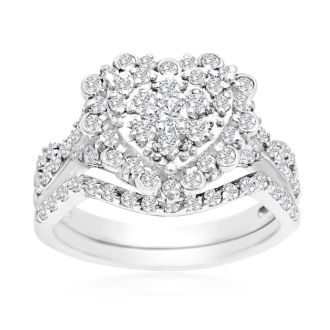 1 Carat Heart Halo Diamond Bridal Set in 14 Karat White Gold
