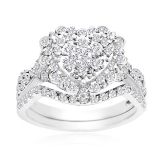 1 Carat Heart Halo Diamond Bridal Set in 14 Karat White Gold

