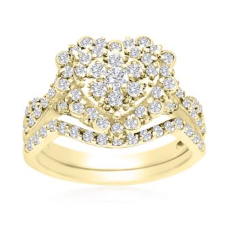 1 Carat Heart Halo Diamond Bridal Set in 14 Karat Yellow Gold
