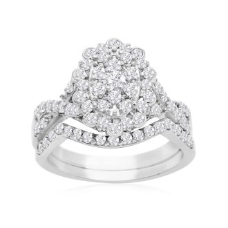 1 Carat Oval Halo Diamond Bridal Set in 14 Karat White Gold