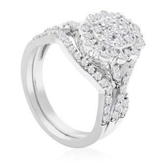 1 Carat Oval Halo Diamond Bridal Set in 14 Karat White Gold