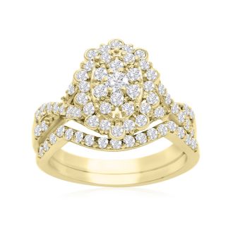 1 Carat Oval Halo Diamond Bridal Set in 14 Karat Yellow Gold