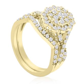 1 Carat Oval Halo Diamond Bridal Set in 14 Karat Yellow Gold