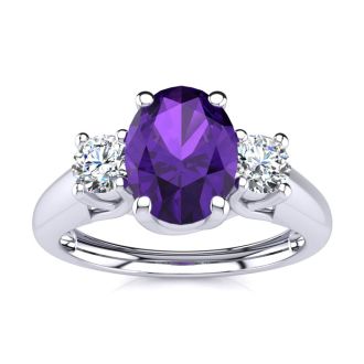 1 Carat Oval Shape Amethyst and Two Diamond Ring In 14 Karat White Gold