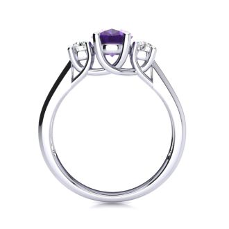 1 Carat Oval Shape Amethyst and Two Diamond Ring In 14 Karat White Gold