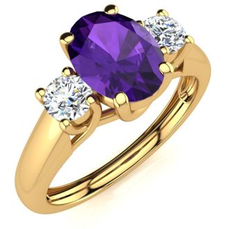 1 Carat Oval Shape Amethyst and Two Diamond Ring In 14 Karat Yellow Gold