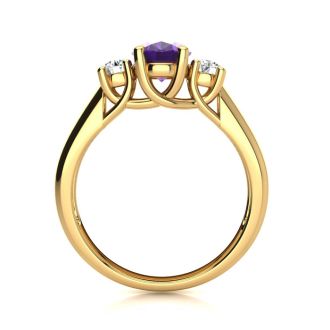 1 Carat Oval Shape Amethyst and Two Diamond Ring In 14 Karat Yellow Gold