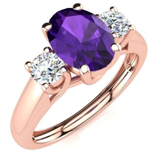 1 Carat Oval Shape Amethyst and Two Diamond Ring In 14 Karat Rose Gold
