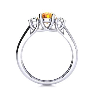 1 Carat Oval Shape Citrine and Two Diamond Ring In 14 Karat White Gold