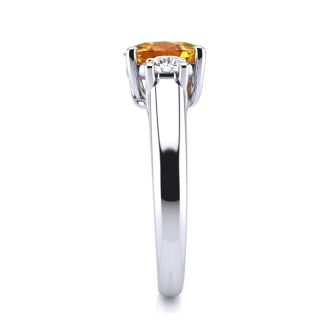 1 Carat Oval Shape Citrine and Two Diamond Ring In 14 Karat White Gold