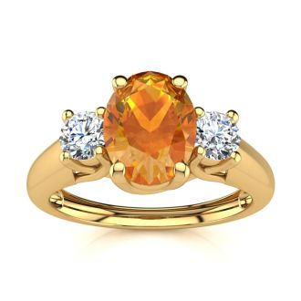 1 Carat Oval Shape Citrine and Two Diamond Ring In 14 Karat Yellow Gold