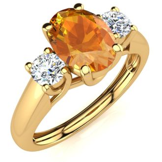 1 Carat Oval Shape Citrine and Two Diamond Ring In 14 Karat Yellow Gold