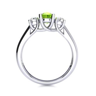 1 Carat Oval Shape Peridot and Two Diamond Ring In 14 Karat White Gold