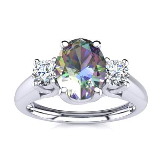 1-1/5 Carat Oval Shape Mystic Topaz Ring With Two Diamonds In 14 Karat White Gold